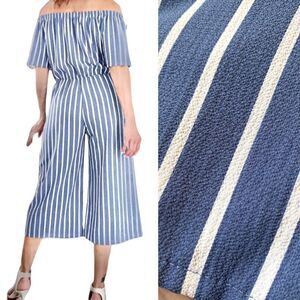 Blue minimal Stripe Culotte Jumpsuit off shoulder romper blue coastal preppy S